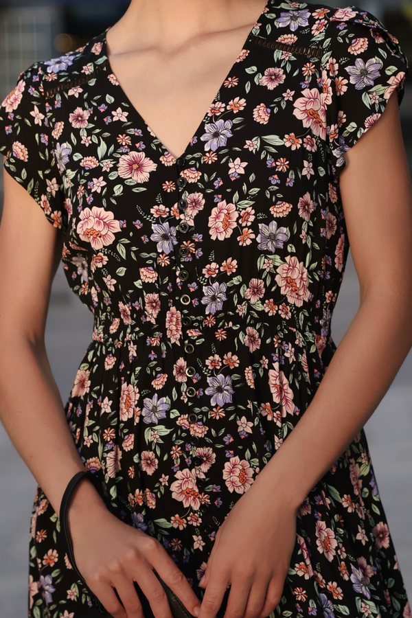  Michelle Robe maxi florale col V manches courtes