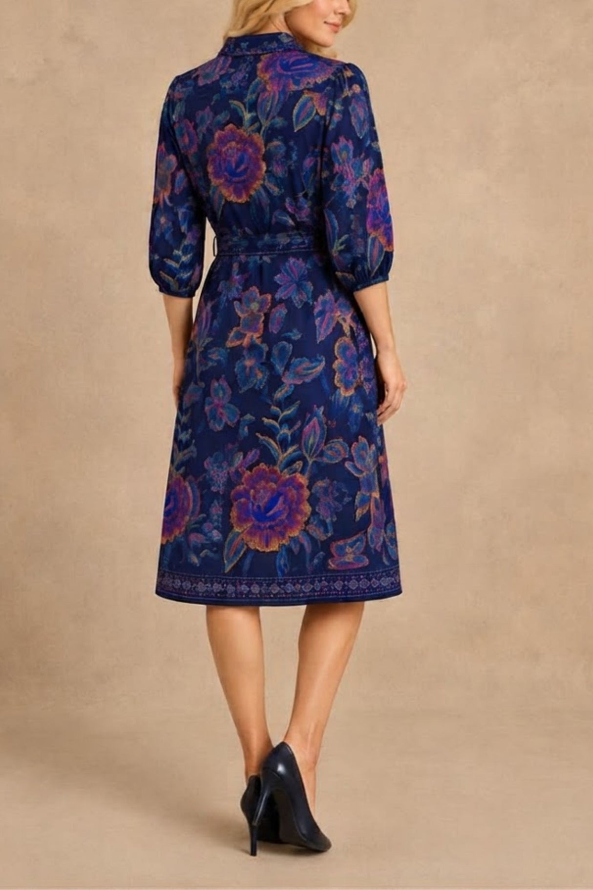 Adelina Navy Printed Floral Shirt Dress