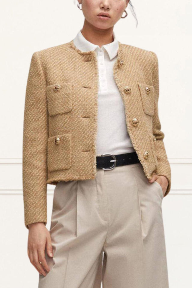 Camille Short Jacket Gold Button Round Neckline - Onze Montreal Beige / S Sold by Ô-MARCHÉ Seller