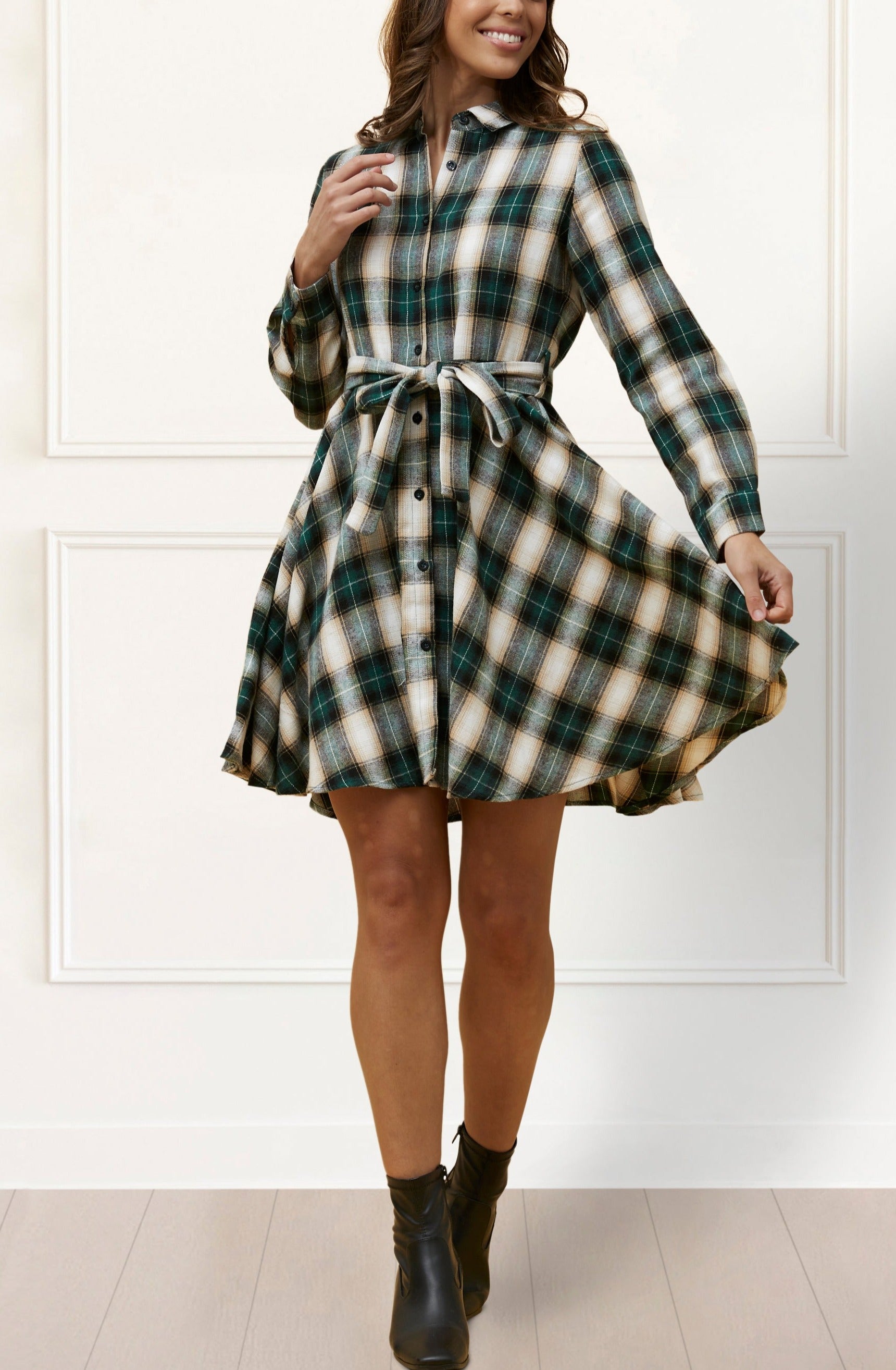 Green plaid fashion shirt dress