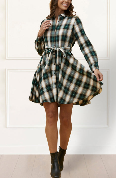 Fiona Shirt Dress Waist Tie Plaid Print Green