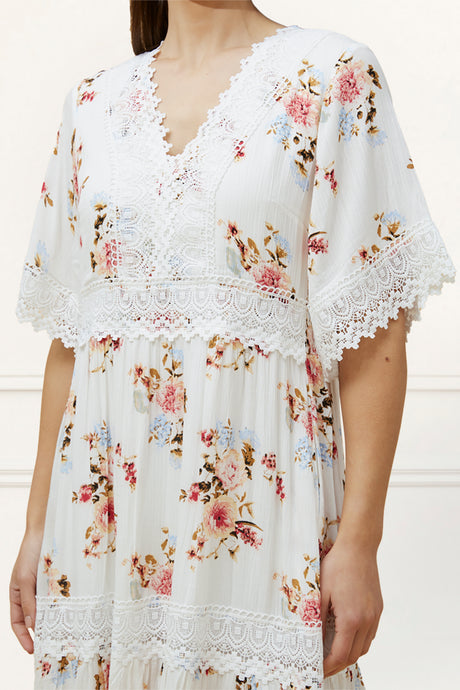 Sara Short Dress Floral Print Embroidered White - healthydessertscatering