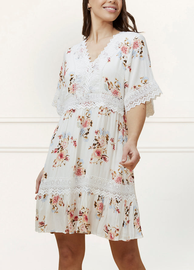 Sara Short Dress Floral Print Embroidered White