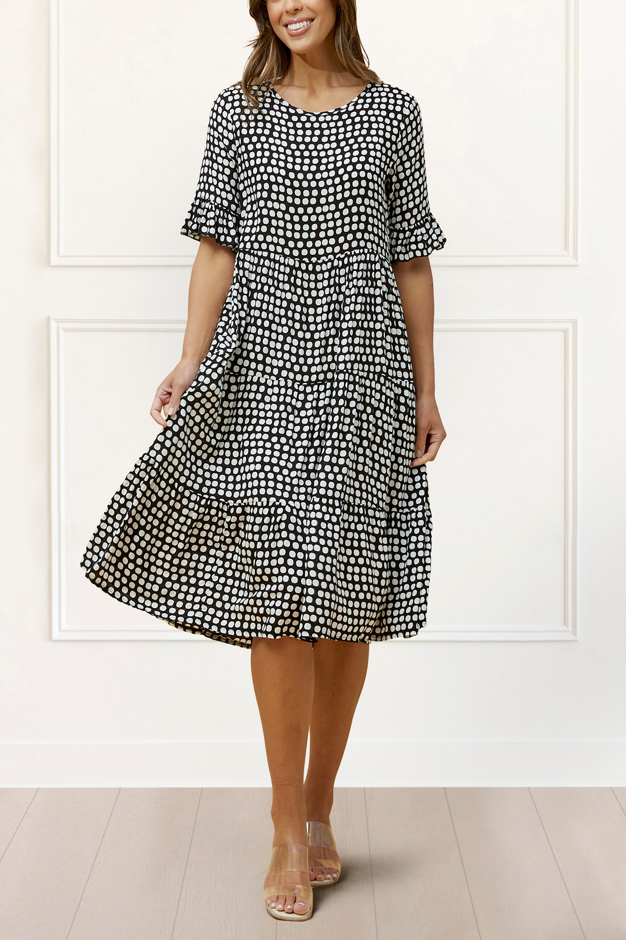 Vanessa Midi Dress A-Line Polka Dot Tiered Skirt - Onze Montreal