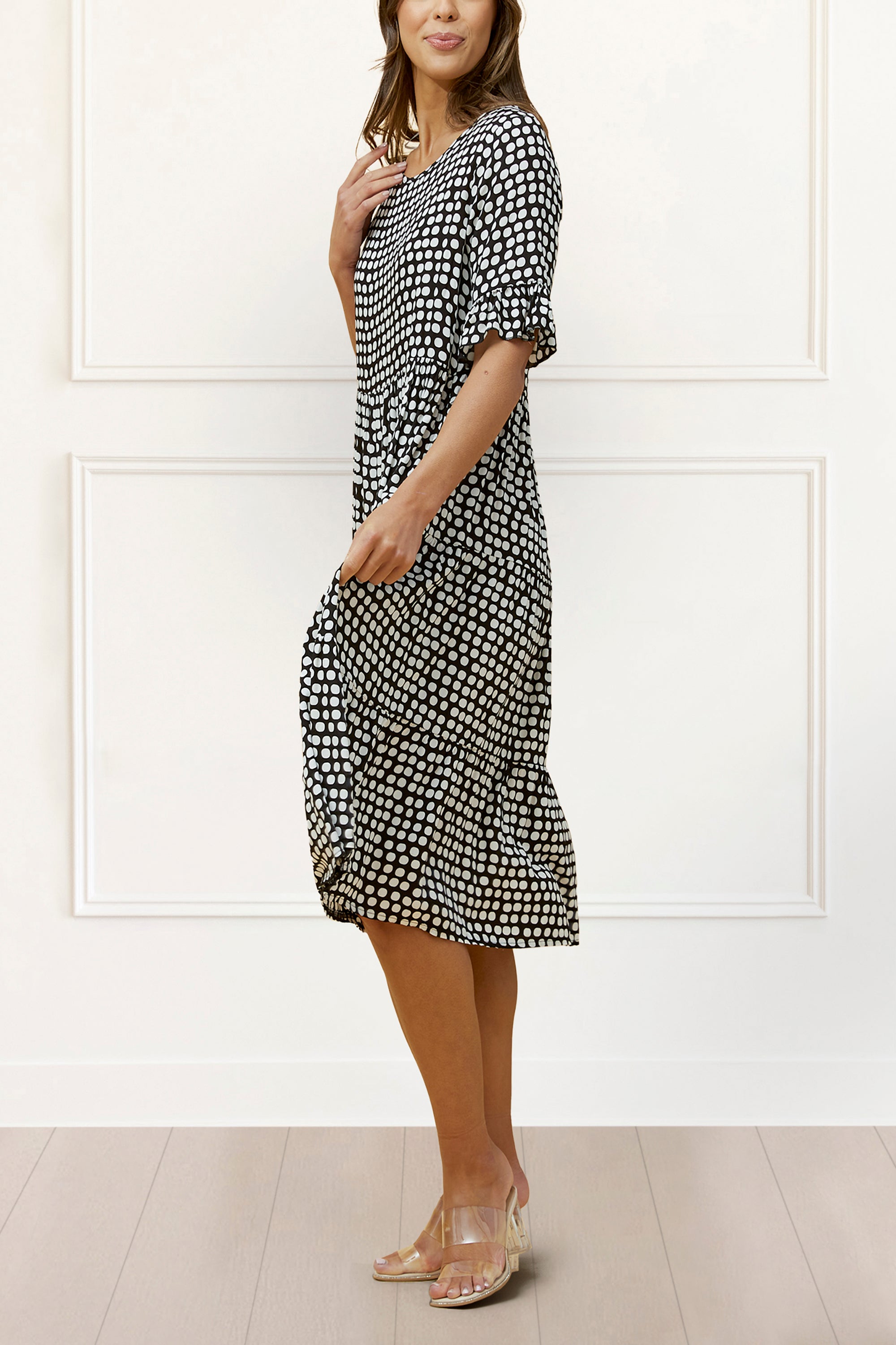 Vanessa Midi Dress A-Line Polka Dot Tiered Skirt - Onze Montreal