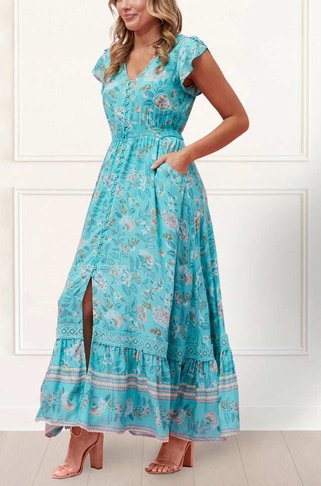 Larissa Maxi Dress Floral Print Front Slit Blue