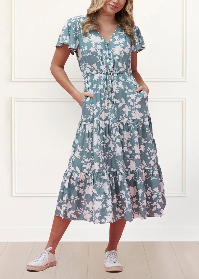 Agata Dress Fit & Flare Floral Tiered Green