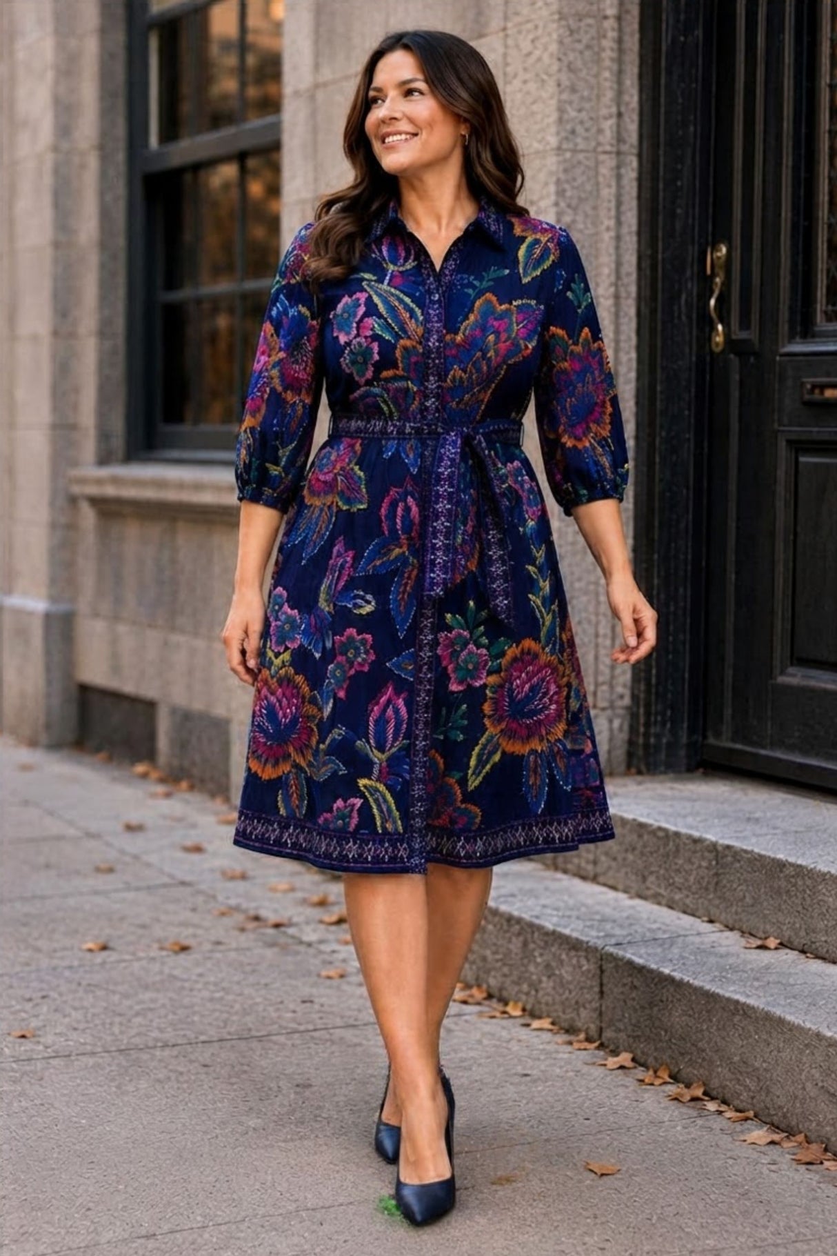 Adelina Navy Printed Floral Shirt Dress