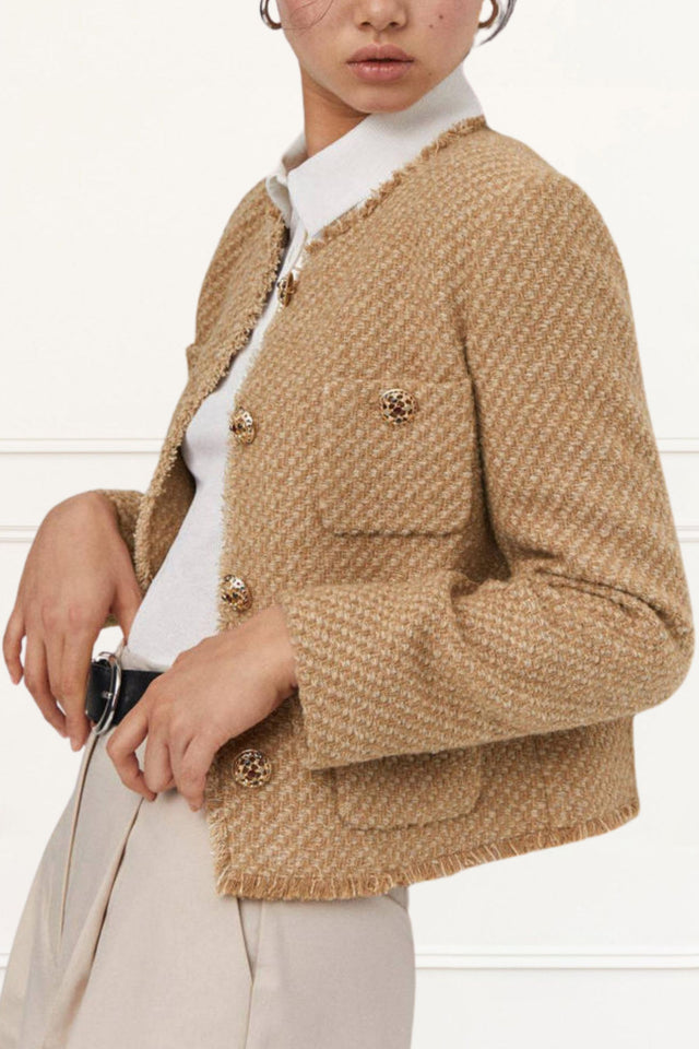 Camille Short Jacket Gold Button Round Neckline - Onze Montreal Beige / S Sold by Ô-MARCHÉ Seller