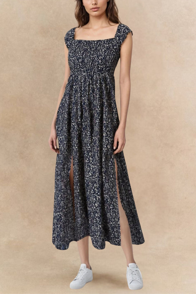 Lilou Robe Longue À Fleurs Double Fentes Épaules Dénudées Possible