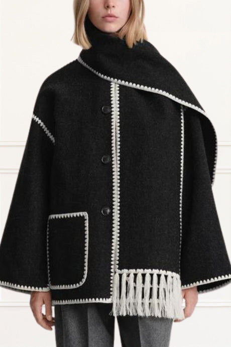 Joana Jacket Thick Wool Loose with Integrated Fringed Scarf