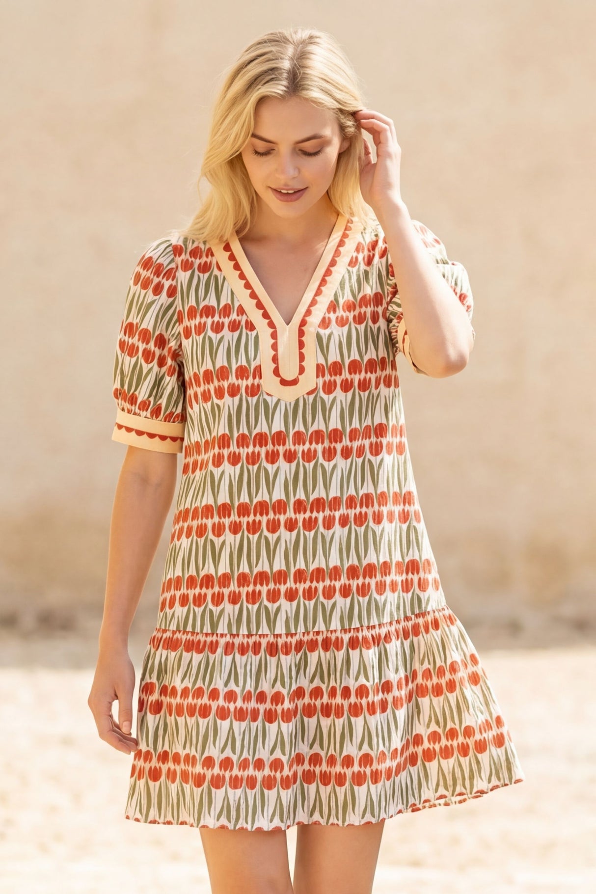 Linda Robe Mini Coton Imprimé Fleuri Manches Courtes Bouffantes