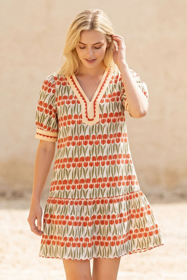 Linda Robe Mini Coton Imprimé Fleuri Manches Courtes Bouffantes