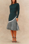 Leslie Elegant Knit Midi Dress Long Sleeve Round Neck Pleated Skirt