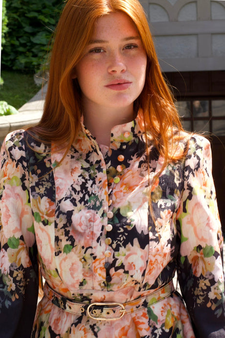 PRÉCOMMANDE-Isabella Robe Noire Trapèze Fleurie Ceinturée Manches Longues Femme