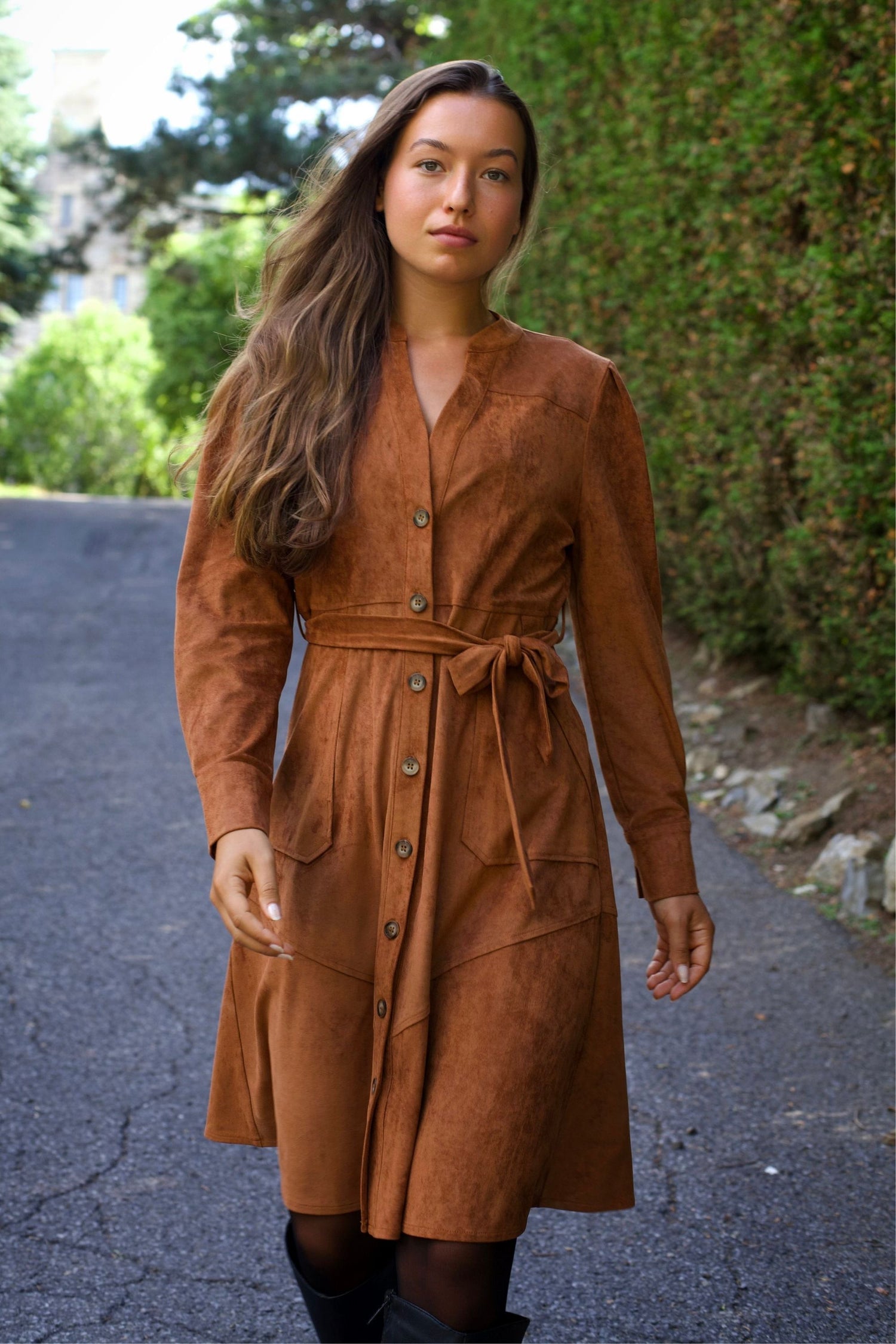 suedette shirt dress Tan Ruched Front Faux Suede Midi Shirt Dress