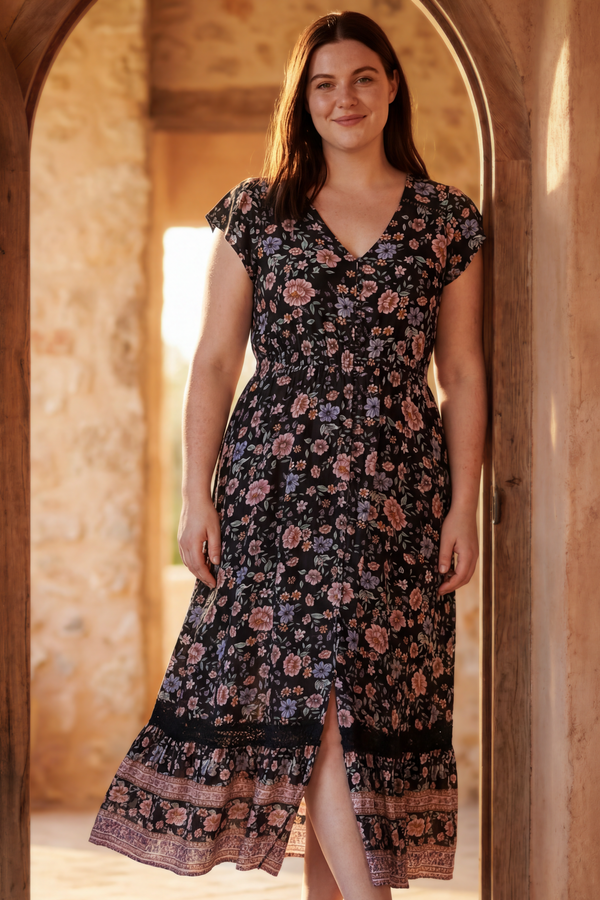  Michelle Robe maxi florale col V manches courtes