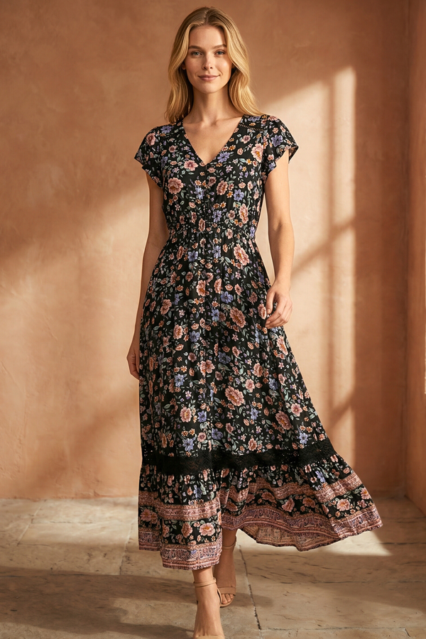  Michelle Robe maxi florale col V manches courtes