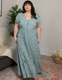 Florence Maxi Dress Ditsy Print Green - Onze Montreal