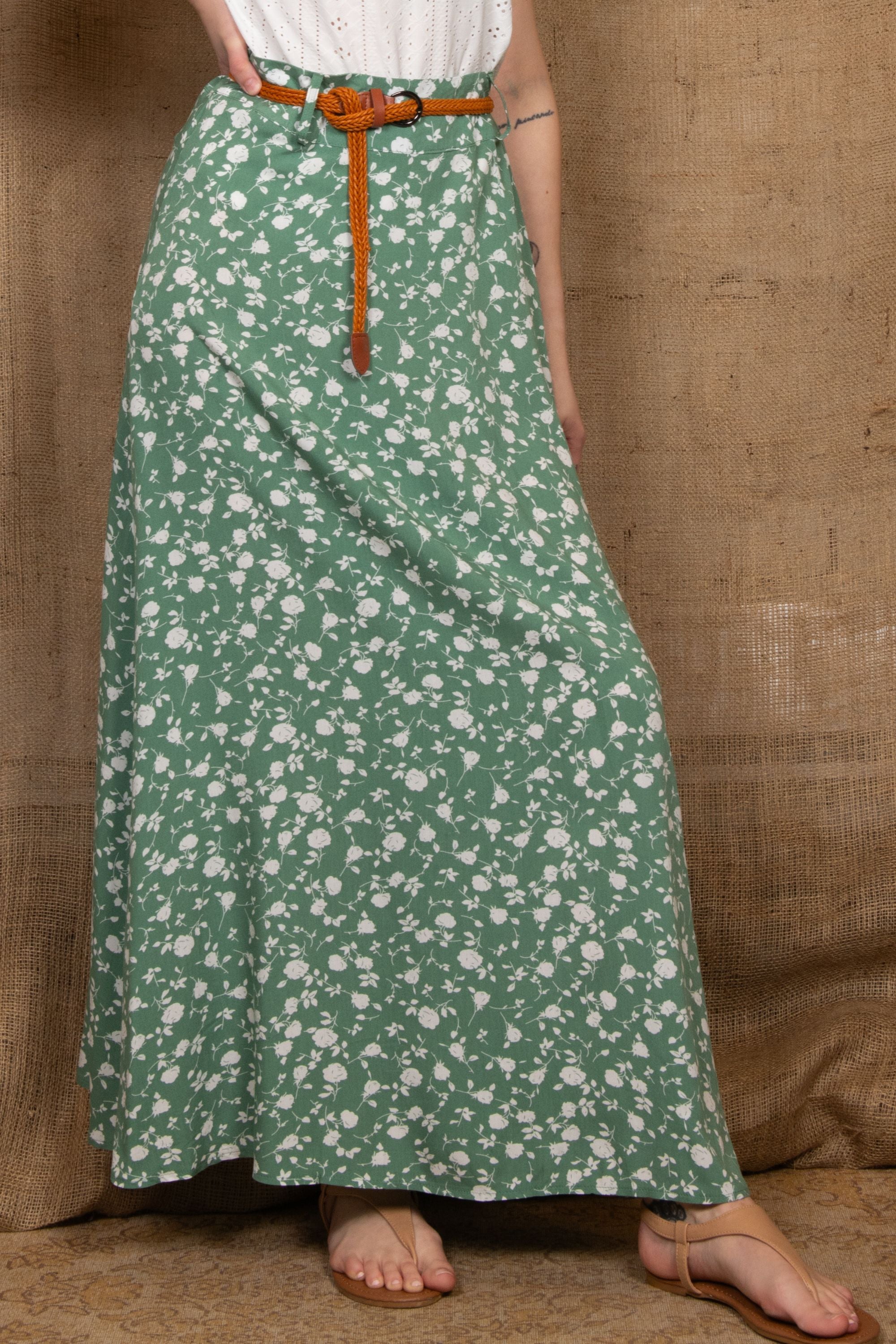 Serafina Long Skirt Ditsy Floral Print Green Onze Montreal