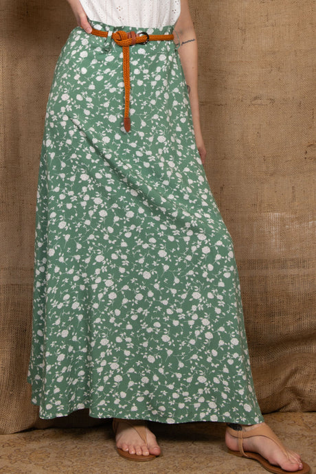 Serafina Long Maxi Skirt Flower Print Belt Included Green