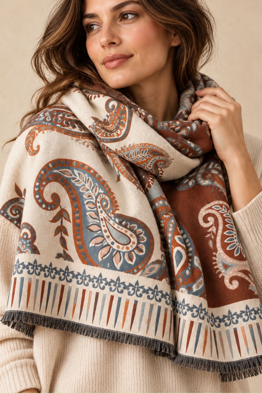 Beige Paisley Fringe Scarf