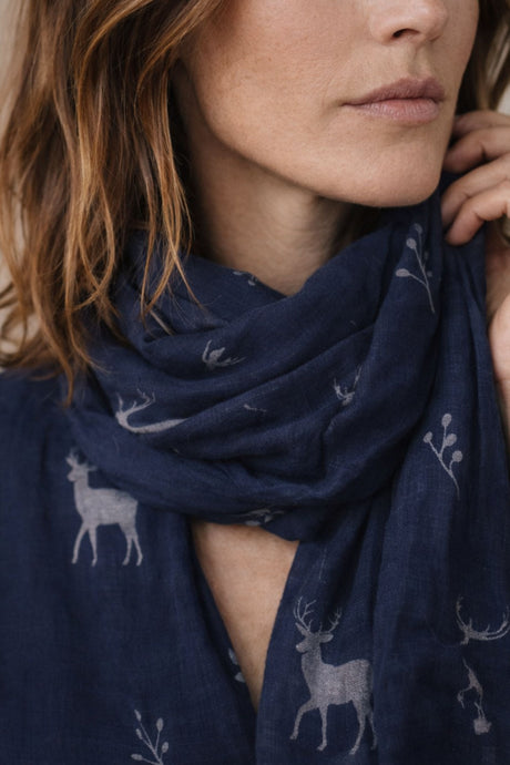 Winter Deer Print Scarf Navy
