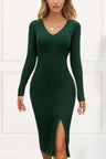 Abby Midi Sweater Dress V-Neck Slit Long Sleeves