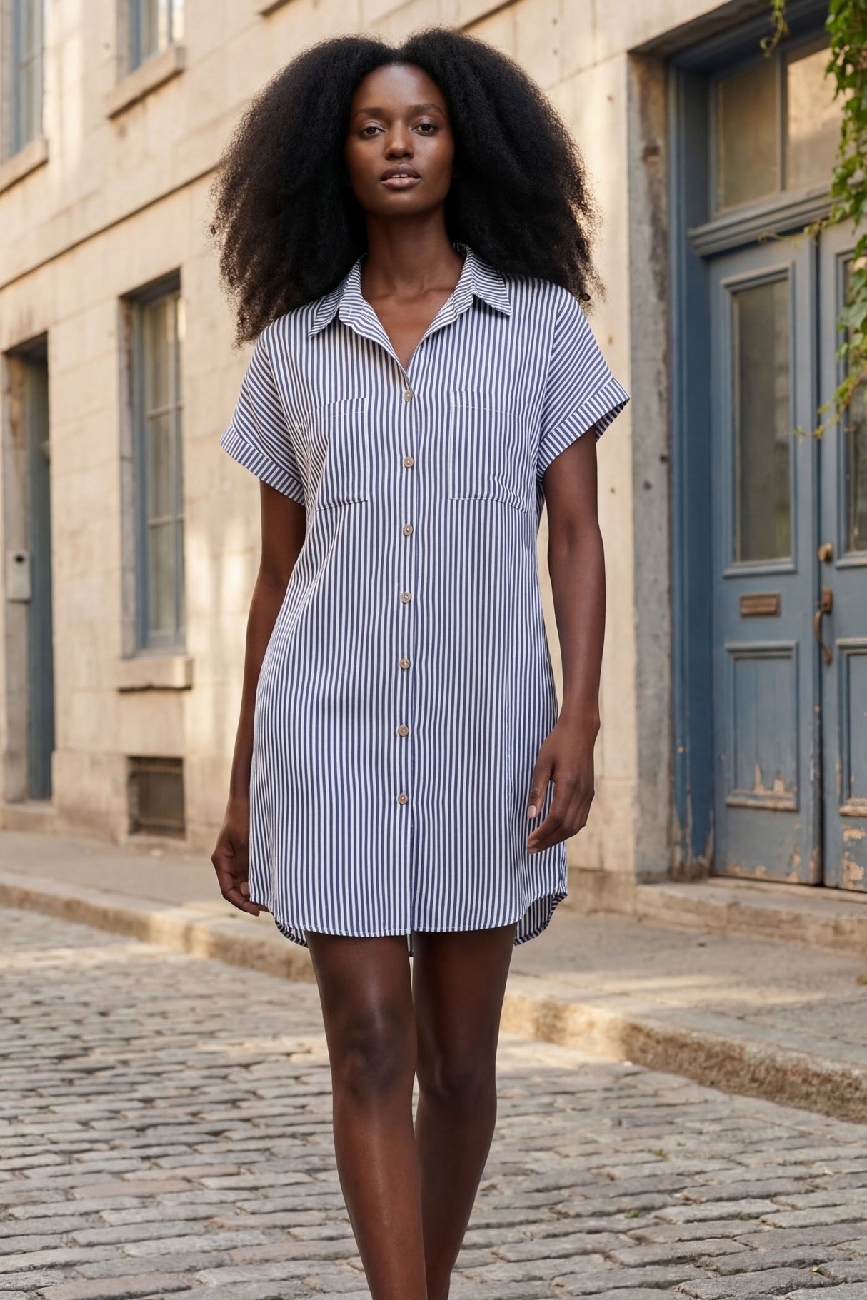 Adele Striped Button Sleeve Mini Dress