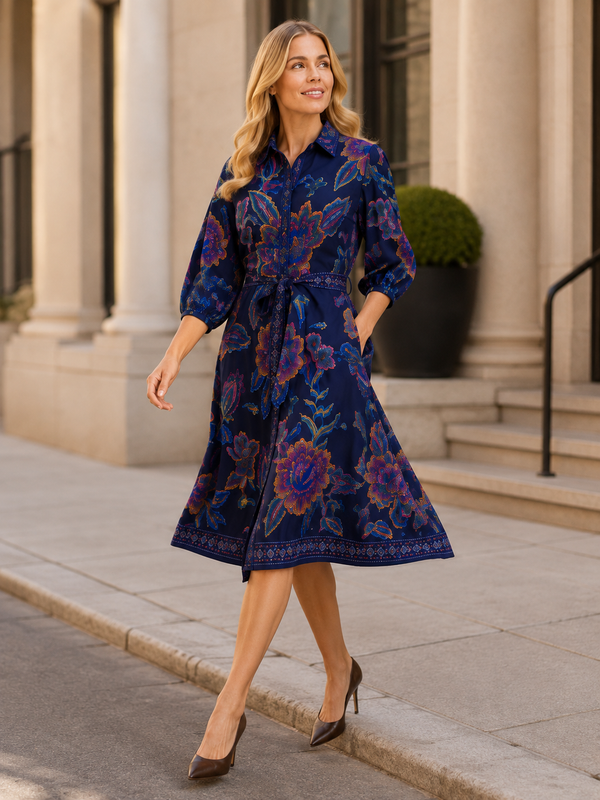 Robe-chemisier Adelina bleu marine à imprimé floral