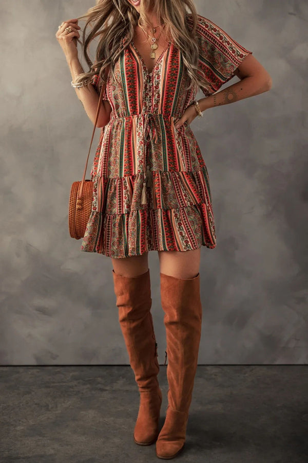 Alessandra Bohemian Floral Print Buttoned V Neck Ruffle Tiered Dress