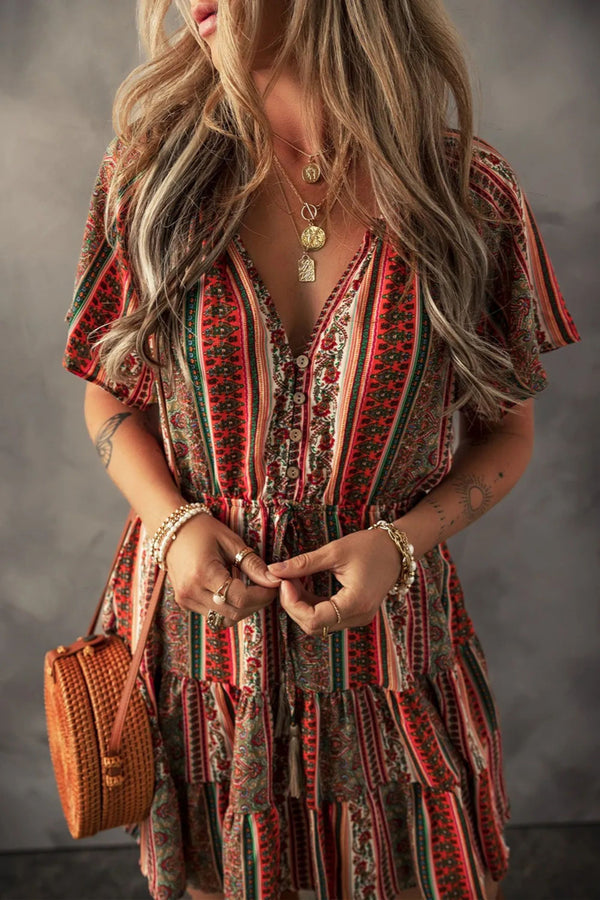 Alessandra Bohemian Floral Print Buttoned V Neck Ruffle Tiered Dress
