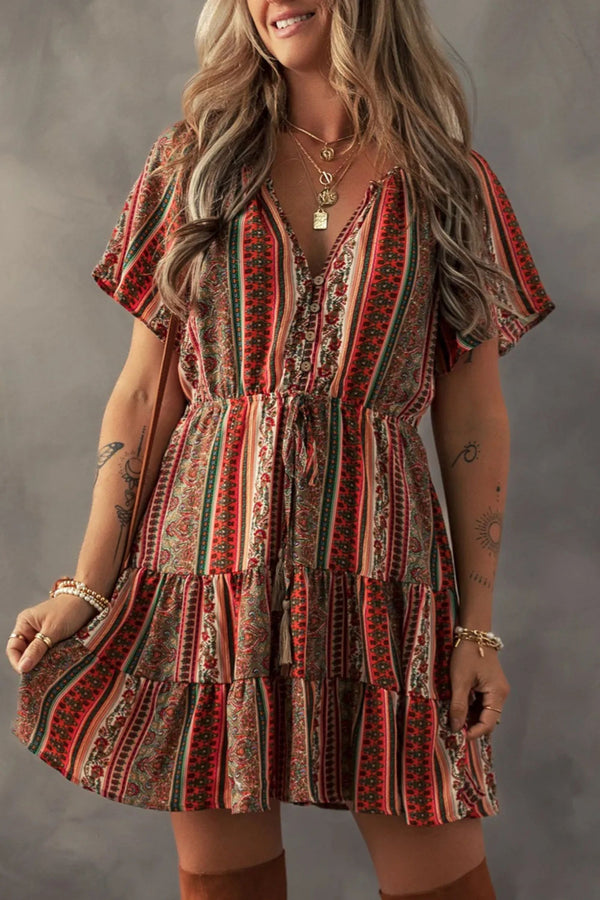 Alessandra Bohemian Floral Print Buttoned V Neck Ruffle Tiered Dress