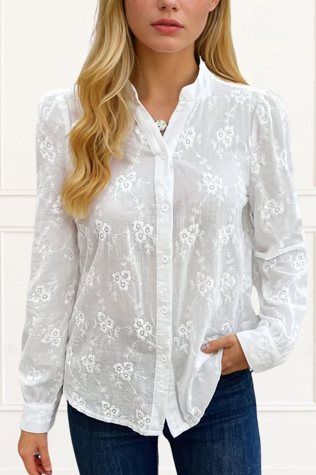 Alexia Blouse Floral Embroidery Cuffed Sleeves White