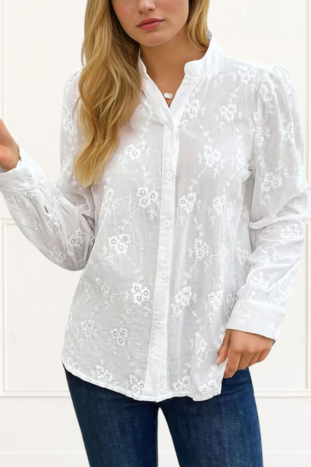 Alexia Blouse Floral Embroidery Cuffed Sleeves White