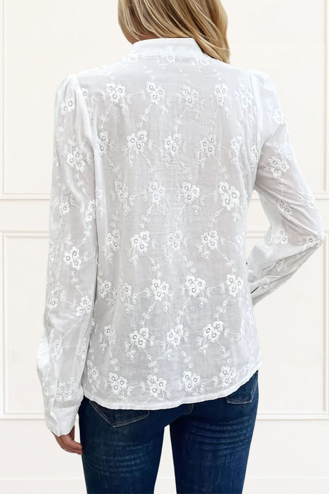 Alexia Blouse Floral Embroidery Cuffed Sleeves White