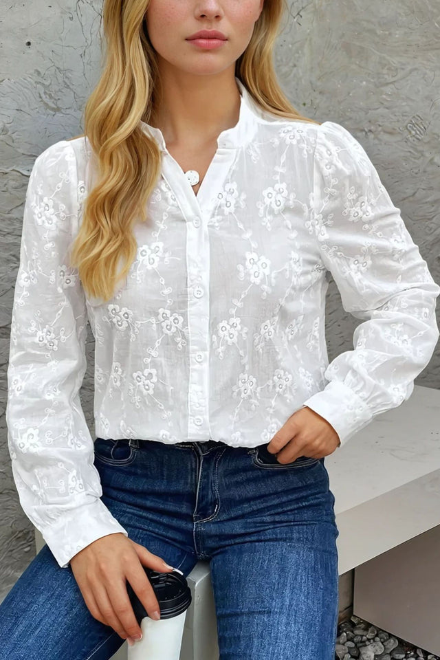 Alexia Blouse Floral Embroidery Cuffed Sleeves White