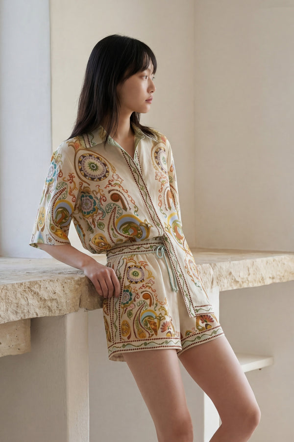 Amandine Printed Button Up Shirt and Shorts Set