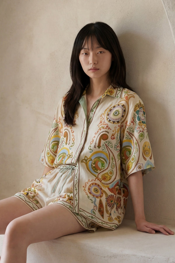 Amandine Printed Button Up Shirt and Shorts Set