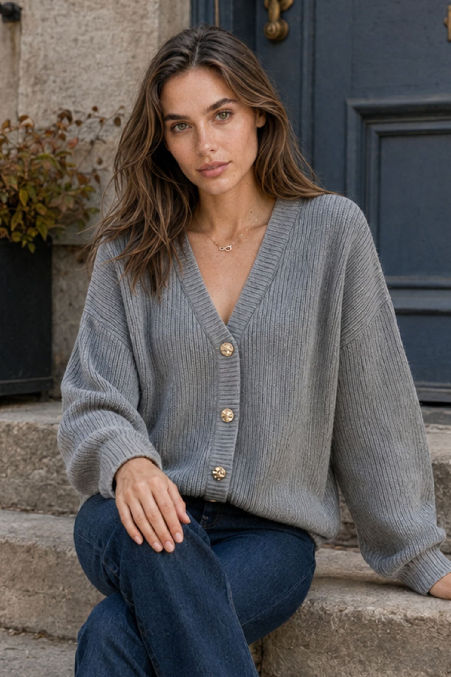 Ambre Full Size V-Neck Button-Up Knit Cardigan Plus Size