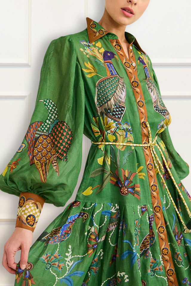 Anaya Shirt Dress Peacock Print Waist Tie