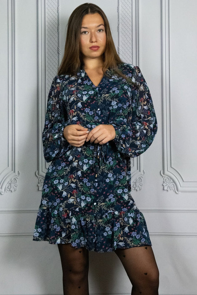 Anna Women's Floral Boho Navy Mini Dress – Long Sleeve, V-Neck, Ruffle Hem, Flowy & Lightweight - Onze Montreal Navy / XS Annick