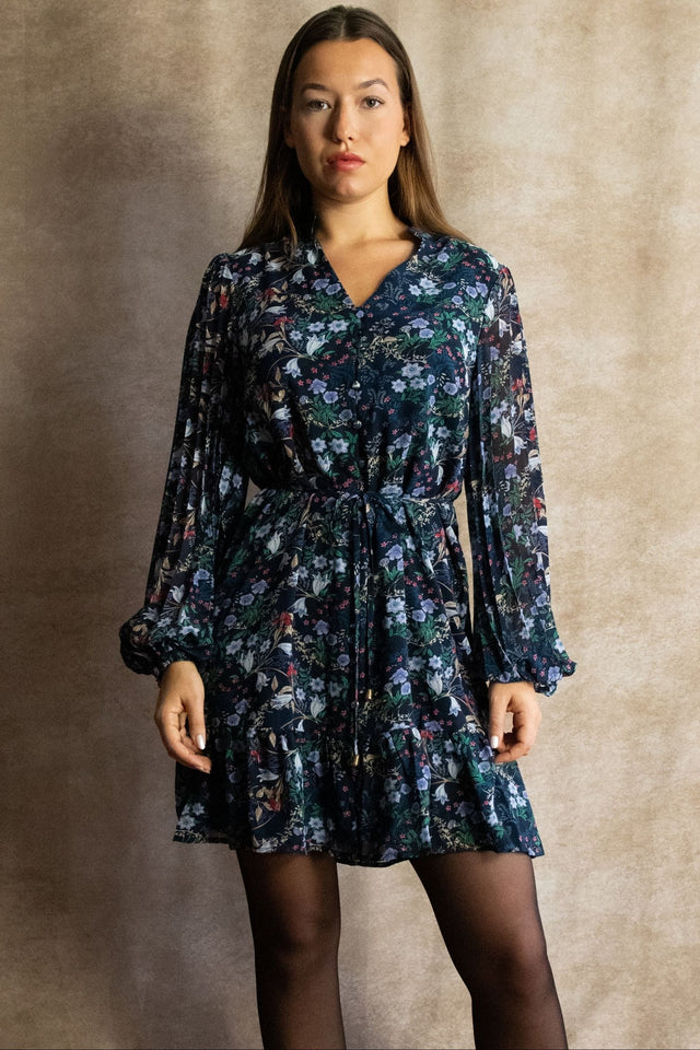 Anna Women's Floral Boho Navy Mini Dress – Long Sleeve, V-Neck, Ruffle Hem, Flowy & Lightweight - Onze Montreal Navy / XS Annick