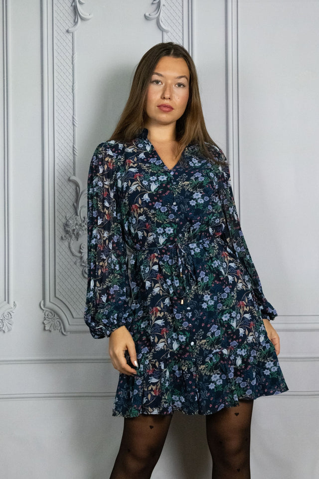 Anna Women's Floral Boho Navy Mini Dress – Long Sleeve, V-Neck, Ruffle Hem, Flowy & Lightweight - Onze Montreal Navy / XS Annick