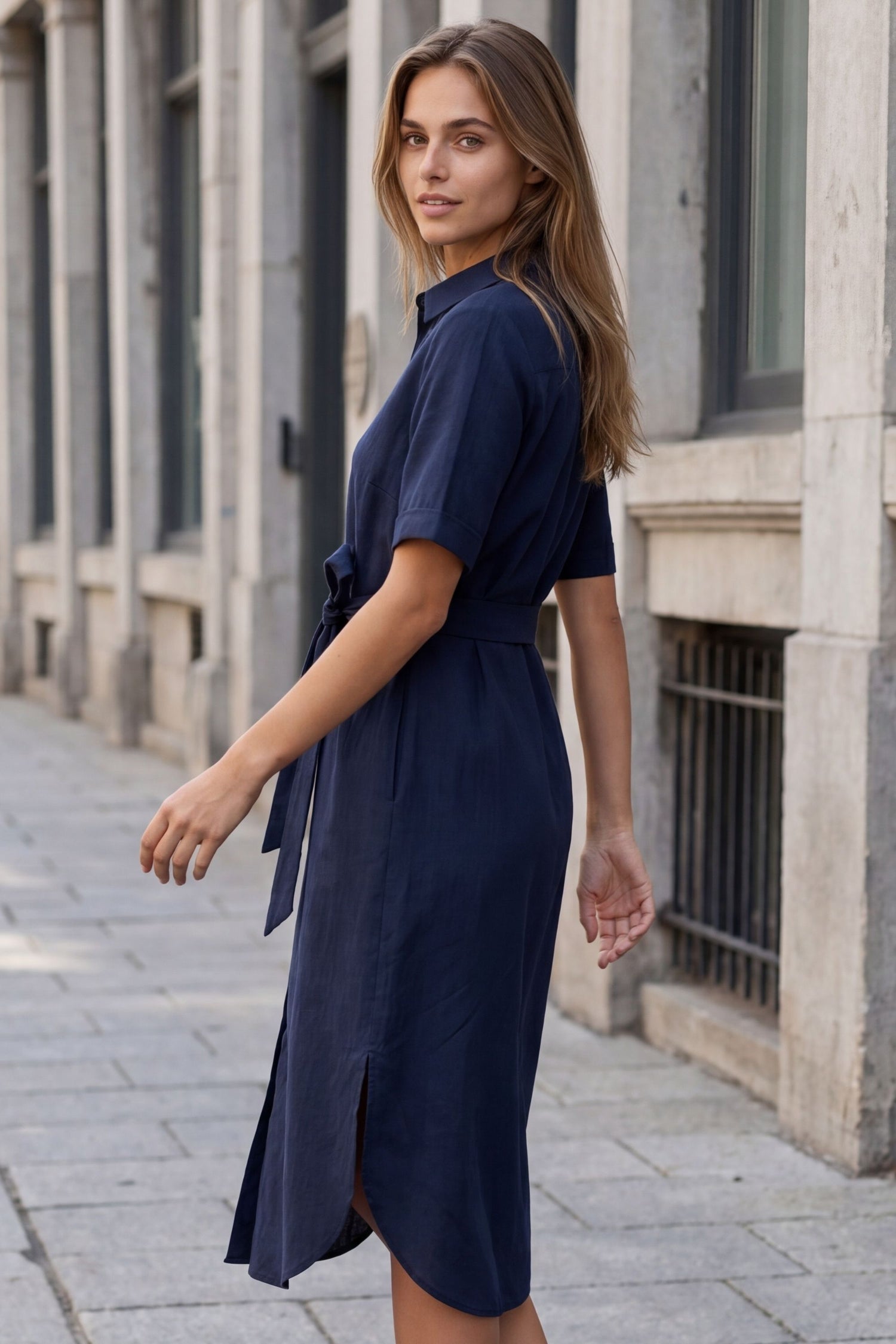 PRE-SALE | Anna Navy Shirt Midi Dress with Tie Waist