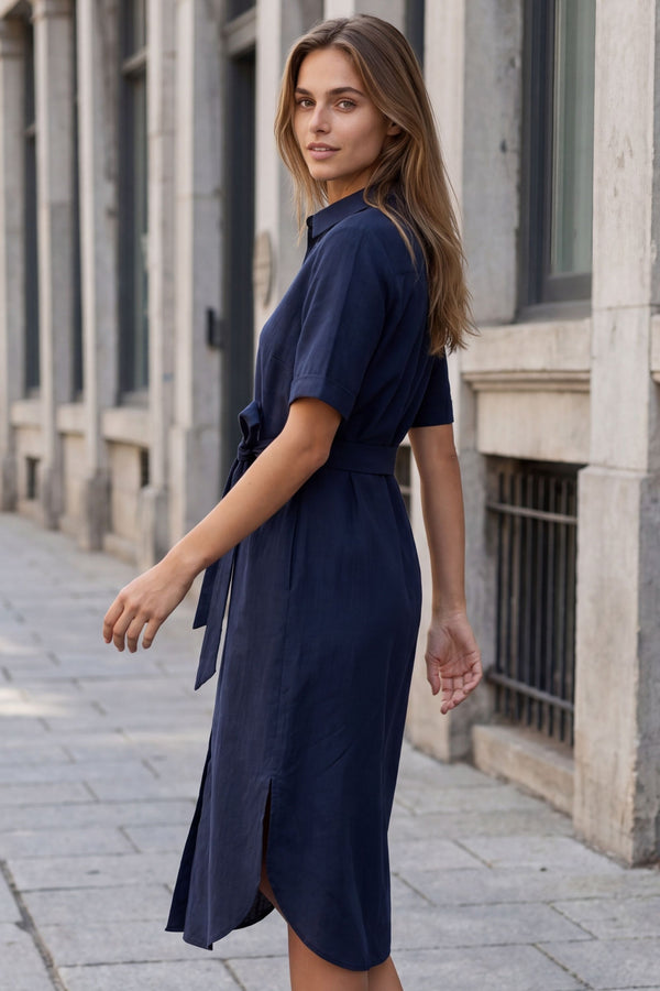PRE-SALE | Anna Navy Shirt Midi Dress with Tie Waist