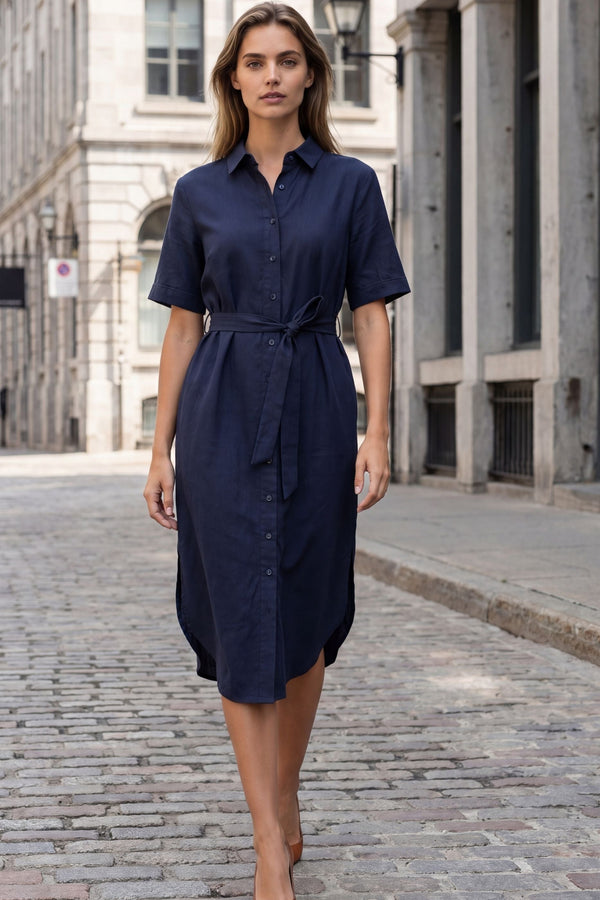 PRE-SALE | Anna Navy Shirt Midi Dress with Tie Waist