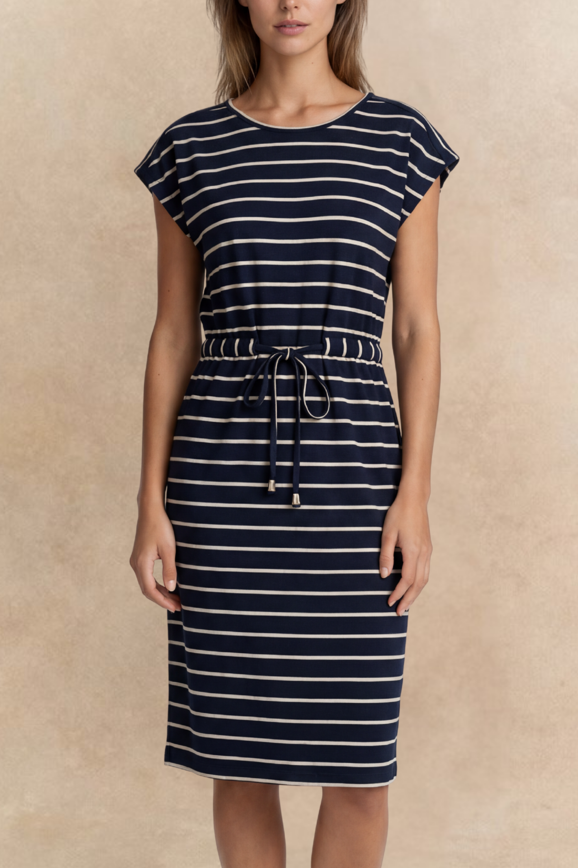 Annalise Navy Stripe Knit Midi Dress Pockets Belted - Onze Montreal
