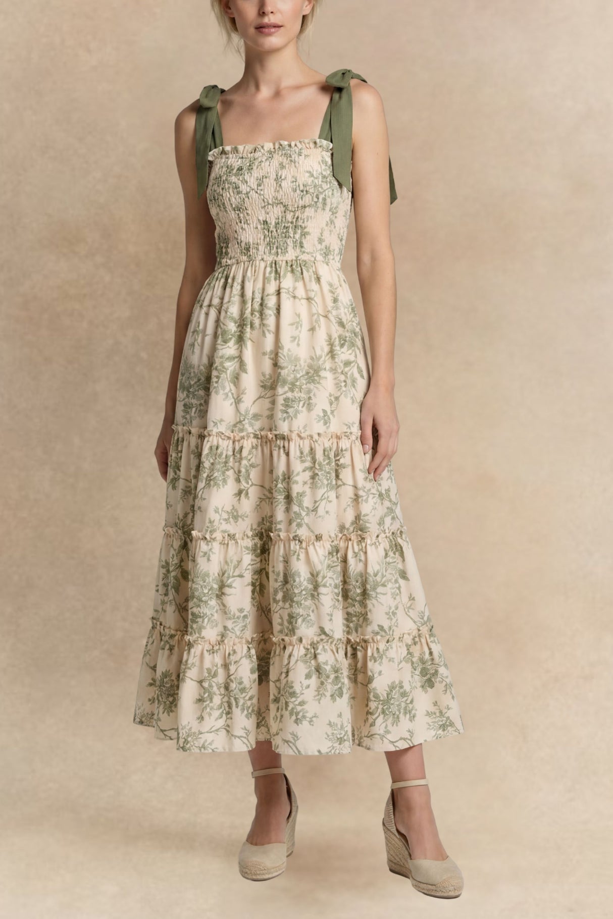 Anya Robe Midi Étagée Imprimé Floral Bretelles Nouer