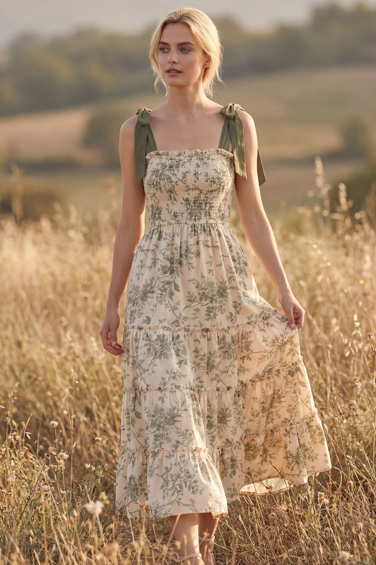 Anya Robe Midi Étagée Imprimé Floral Bretelles Nouer
